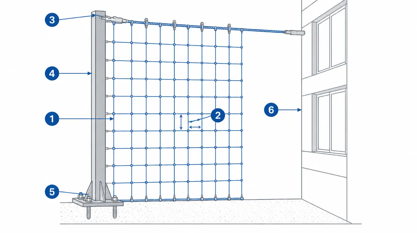 Diagrama de una red antidrones anudada tendida con cable sobre un poste de acero delante de la fachada de un edificio, con 6 partes numeradas