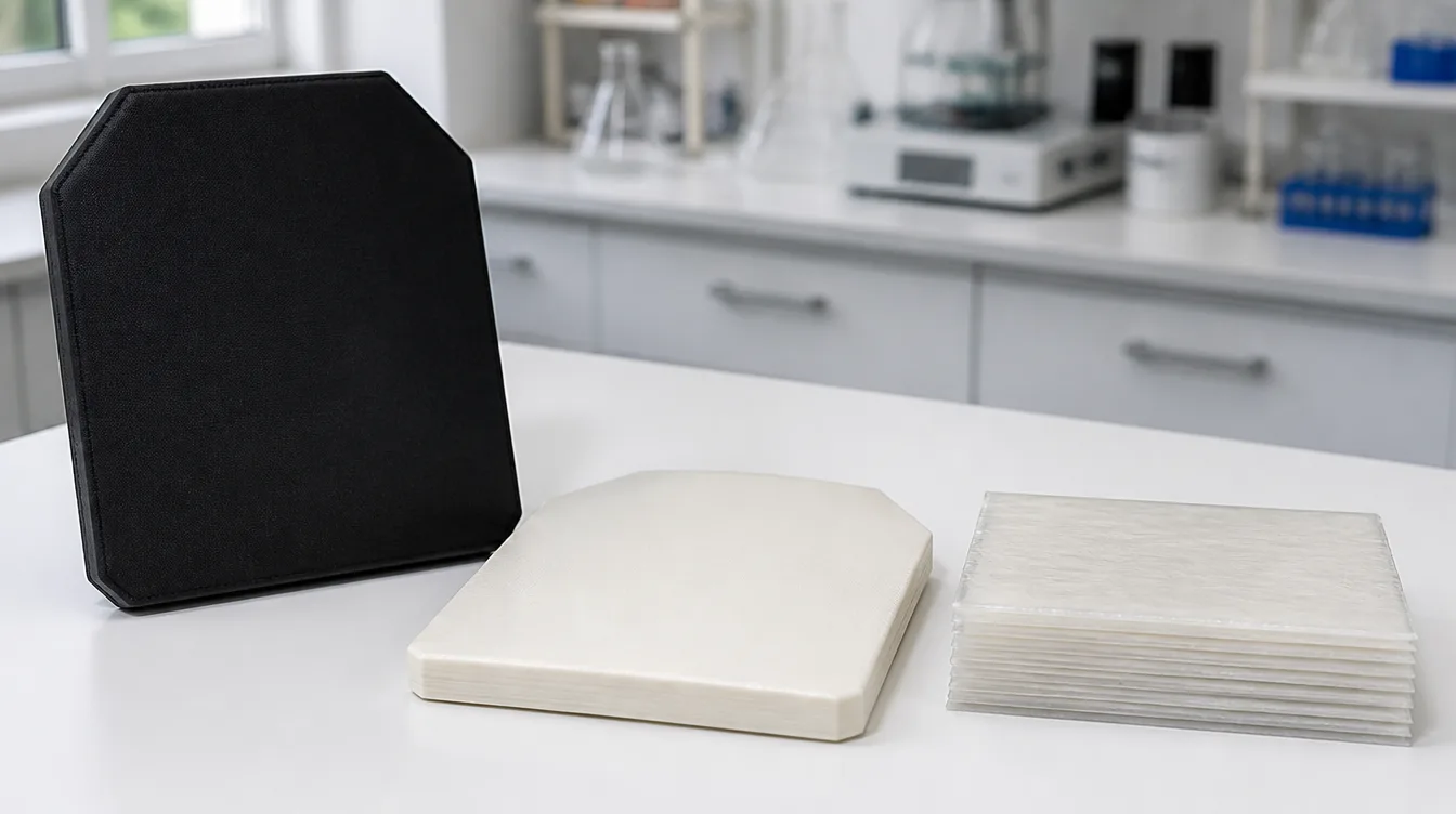 Placa balística con funda negra, placa blanca de polietileno prensado con el laminado a la vista y láminas de tejido UD en un laboratorio