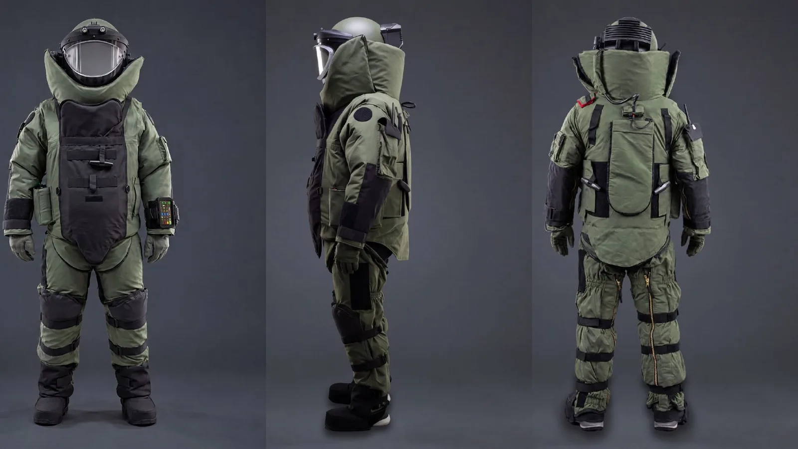 Traje EOD GR-BAT de Garanti Kompozit de frente, de perfil y de espaldas, verde oliva con casco y visor