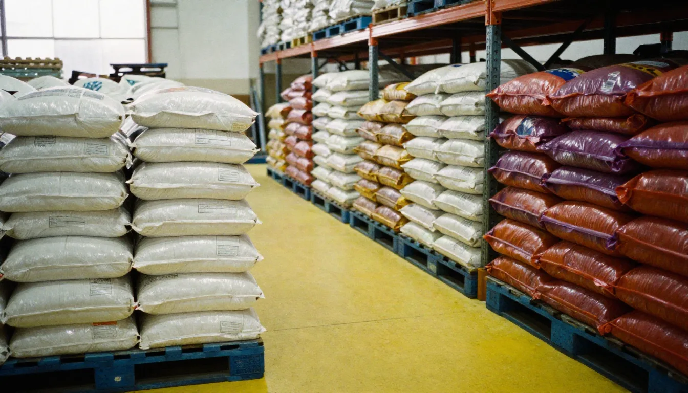 Ingredient warehouse aisle with sacks on pallets separated by floor zones and colours