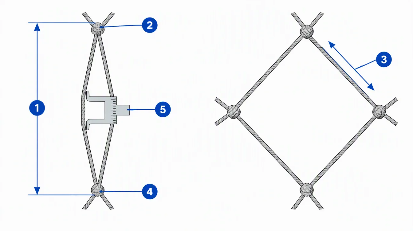 Numbered diagram of a knotted mesh, closed and open: stretched measure between opposite knots, side of the mesh and gauge