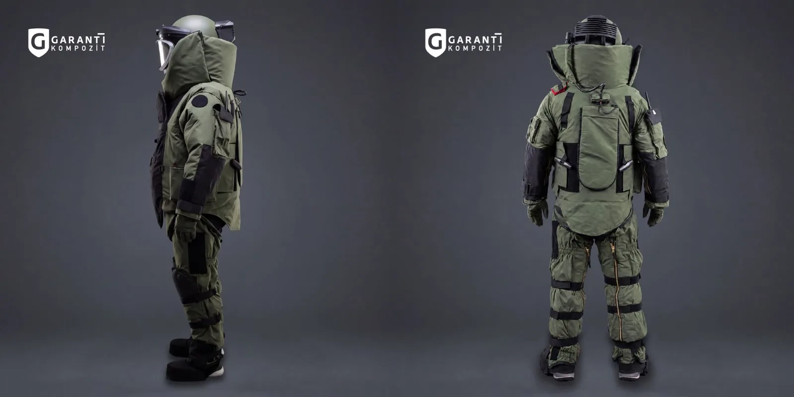 Traje EOD GR-BAT de Garanti Kompozit de perfil y de espaldas, verde oliva, con casco y visor