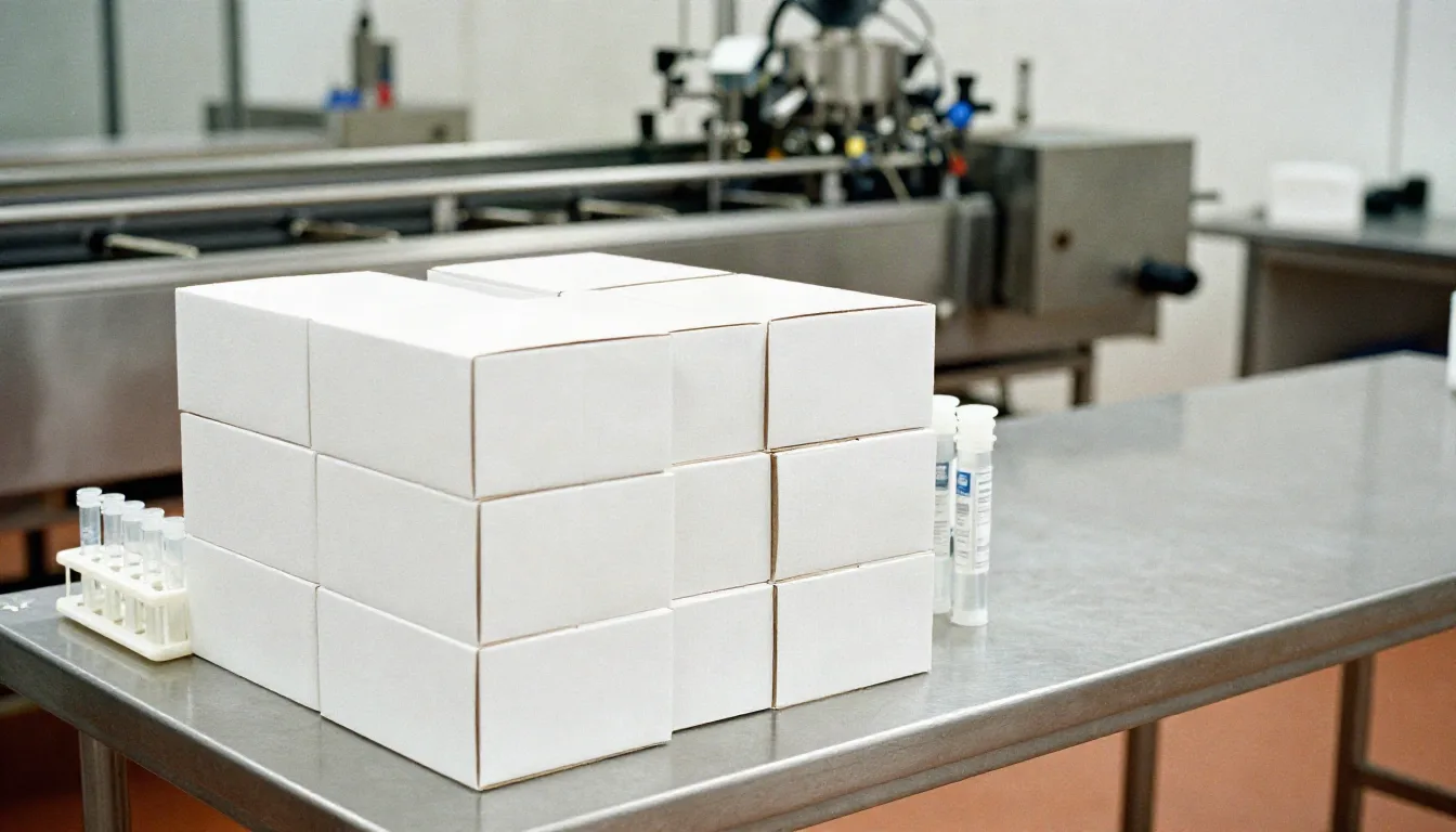 Quality control bench with boxes and sample tubes next to a stainless steel processing line