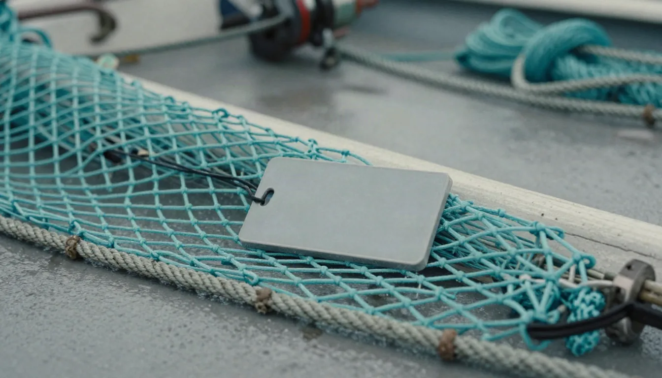 Blank grey tag tied to a gillnet on a wet boat deck
