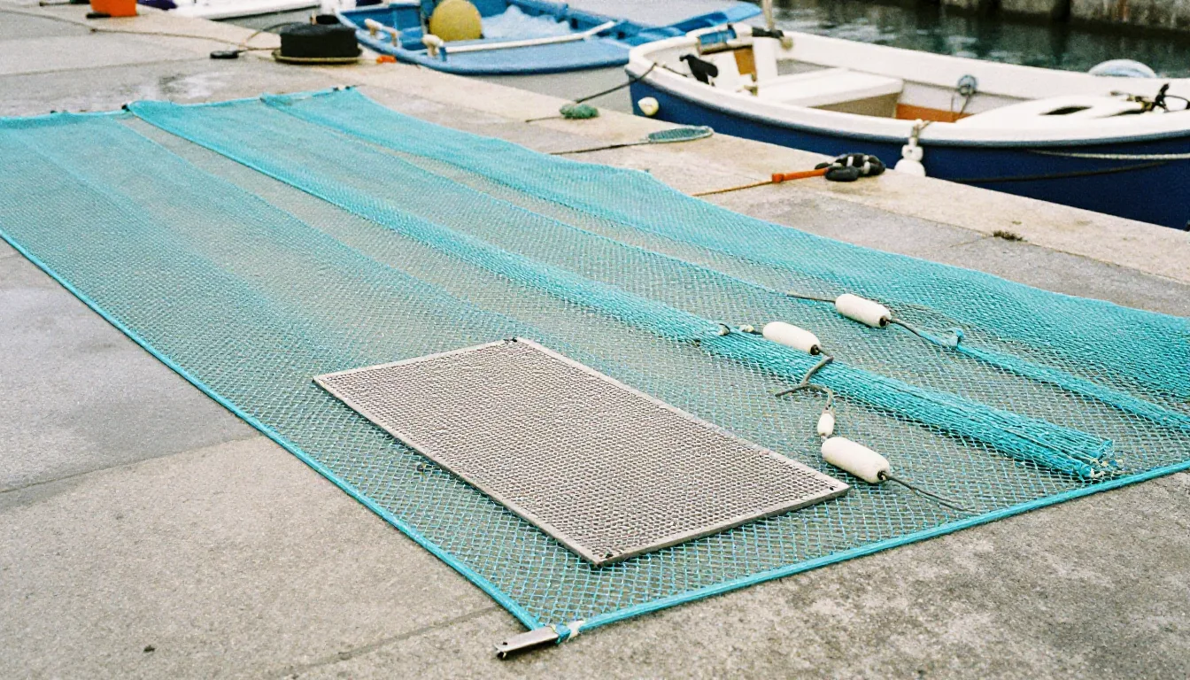Fishing net panel spread on a quay next to small fishing boats