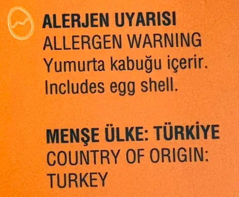 Allergen warning on a box of eggshell powder made for the Turkish market